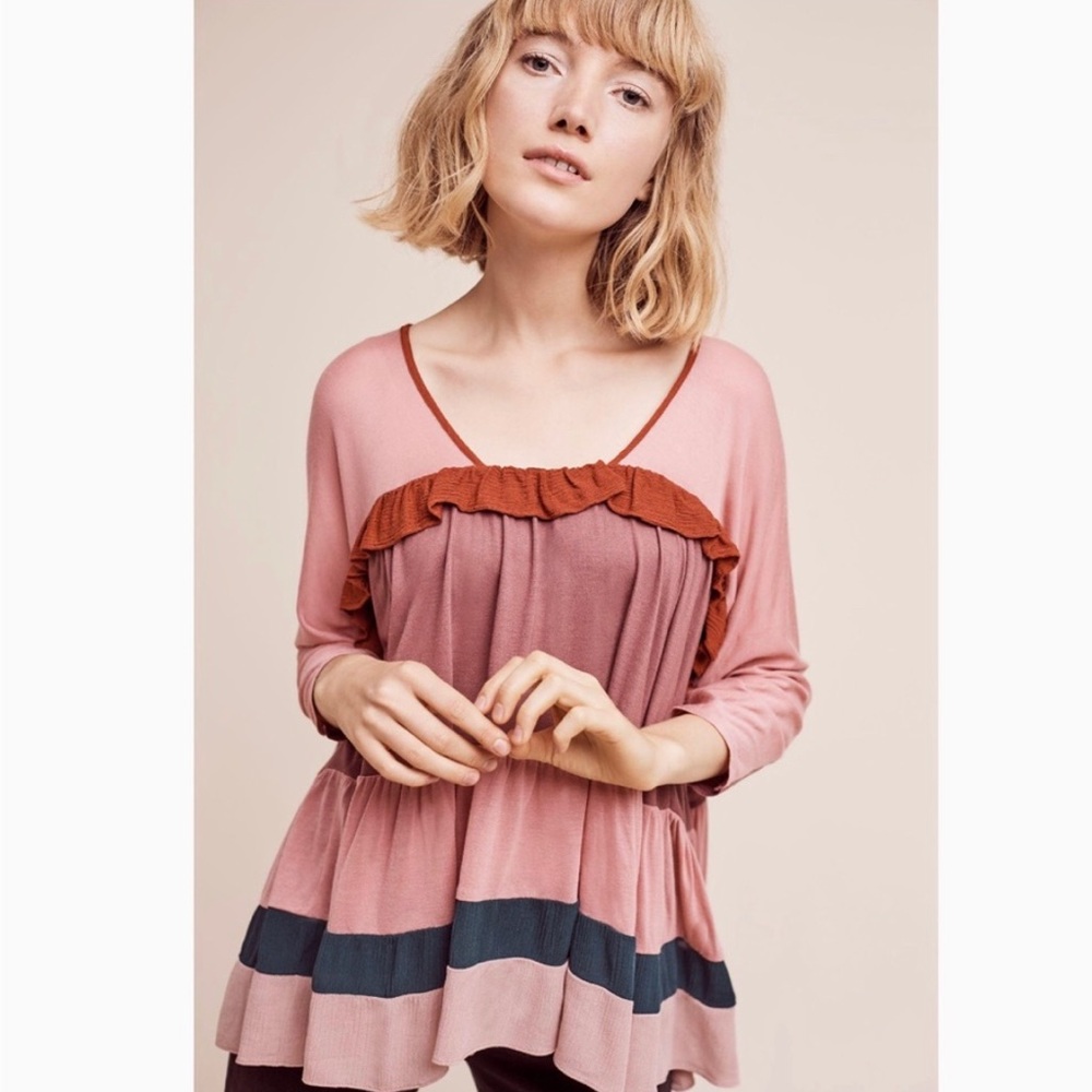 Anthropologie Meadow Rue Pink Colorblock Trapeze Swing Knit Top